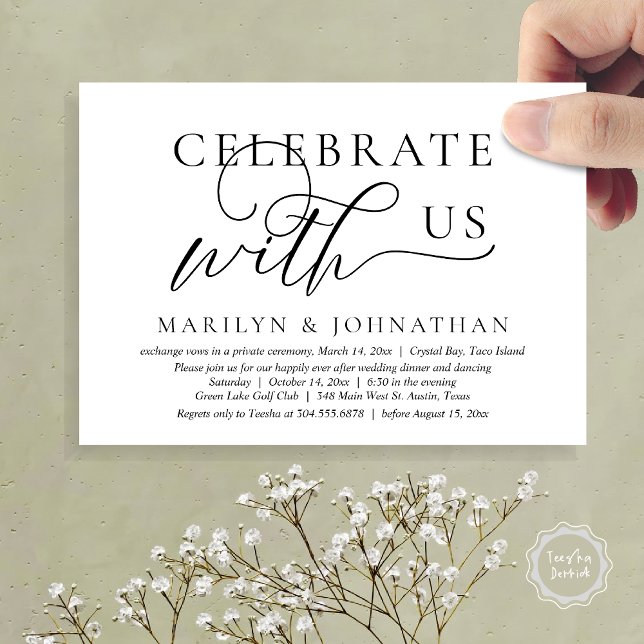 Convites Celebre conosco Jantar de Casamento Dança Fuga de  (Celebrate with us Wedding Elopement Dinner Dancing Invitation Card, PDF, Black White)