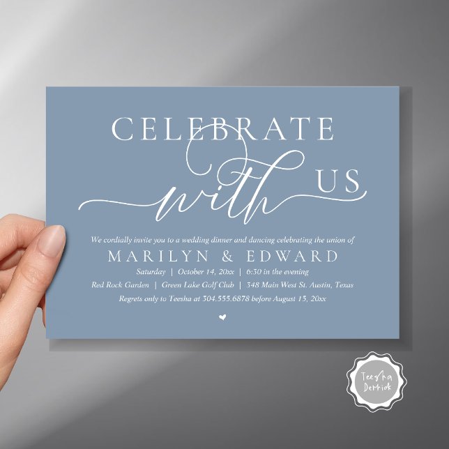 Convites Celebre conosco, Jantar de Casamento Intimo (Celebrate with us, Modern Romantic Wedding Elopement Dinner Invitation Card, PDF, in Dusty Blue)
