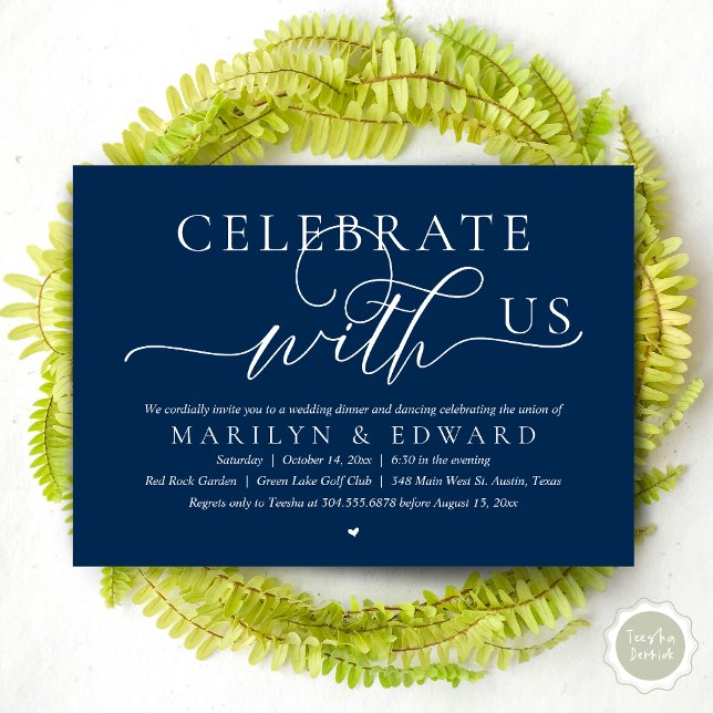 Convites Celebre conosco, Jantar de Casamento Intimo (Celebrate with us, Modern Romantic Wedding Elopement Dinner Invitation Card, PDF, in Navy Blue)