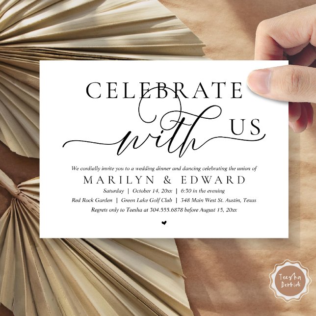 Convites Celebre conosco, Jantar de Casamento Intimo (Celebrate with us, Modern Romantic Wedding Elopement Dinner Invitation Card, PDF, in Black and White)