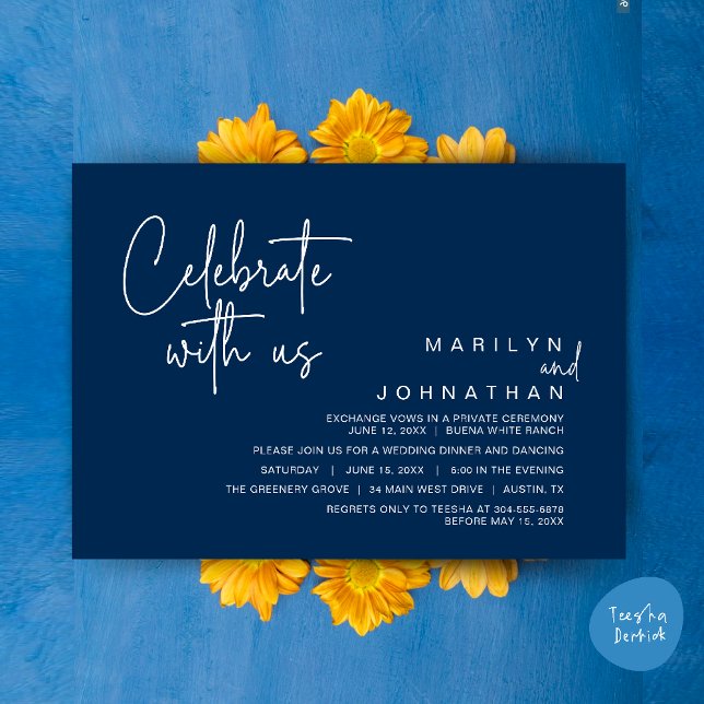 Convites Celebre conosco, Jantar de Casamento Íntimo (Celebrate with us, Modern Wedding Elopement Dinner Lunch Brunch Party Invites Card PDF Navy Blue)