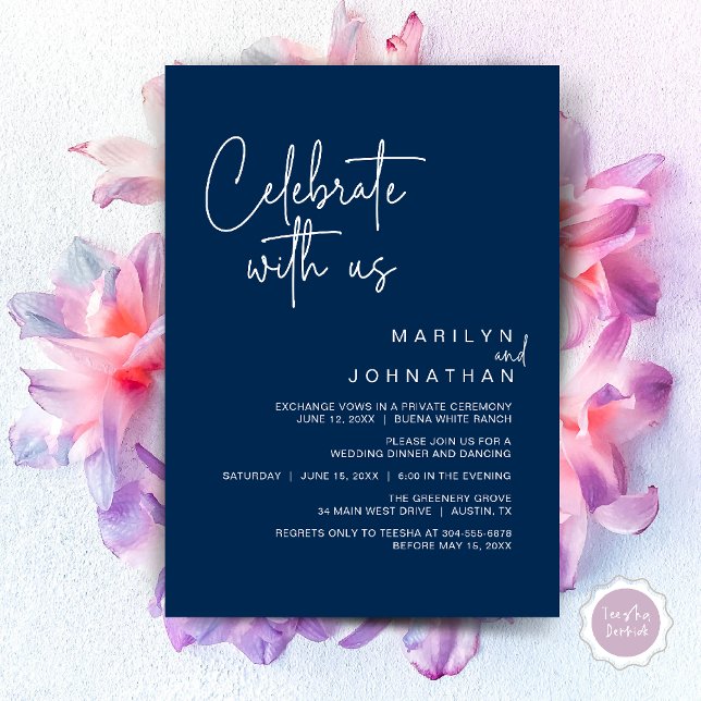 Convites Celebre conosco, Jantar de Casamento Íntimo (Celebrate with us, Modern Wedding Elopement Dinner Lunch Brunch Party Invites Card PDF Navy Blue)