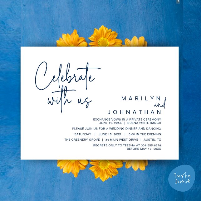 Convites Celebre conosco, Jantar de Casamento Íntimo (Celebrate with us, Modern Wedding Elopement Dinner Lunch Brunch Party Invites Card PDF Navy Blue)