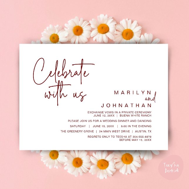 Convites Celebre conosco, Jantar de Casamento Íntimo (Celebrate with us, Modern Wedding Elopement Dinner Lunch Brunch Party Invites Card PDF Burgundy Wine)
