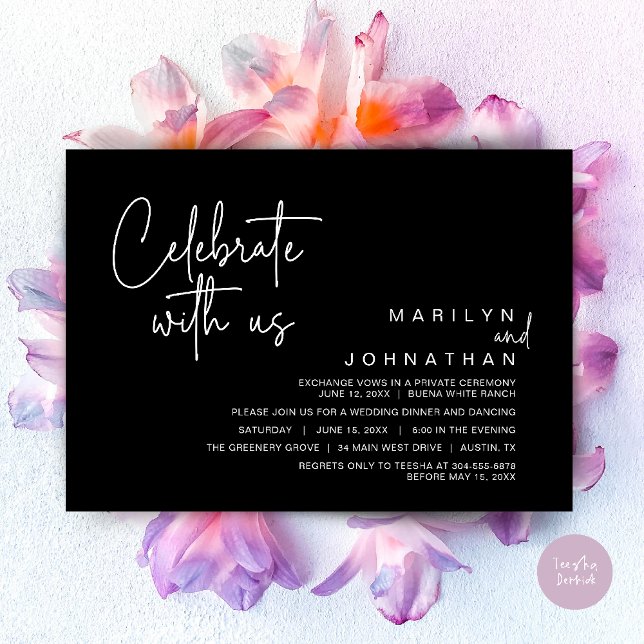 Convites Celebre conosco, Jantar de Casamento Íntimo (Celebrate with us, Modern Wedding Elopement Dinner Lunch Brunch Party Invites Card PDF Classy Black)