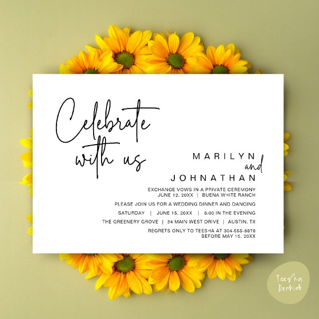 Convites Celebre conosco, Jantar de Casamento Íntimo (Celebrate with us, Modern Wedding Elopement Dinner Lunch Brunch Party Invites Card PDF White Black)