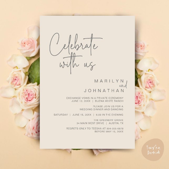 Convites Celebre conosco, Jantar de Casamento Íntimo (Celebrate with us, Modern Wedding Elopement Dinner Lunch Brunch Party Invites Card PDF Cream Grey)
