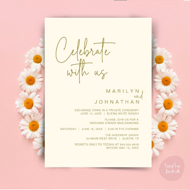 Convites Celebre conosco, Jantar de Casamento Íntimo (Celebrate with us, Modern Wedding Elopement Dinner Lunch Brunch Party Invites Card PDF Yellow Gold)