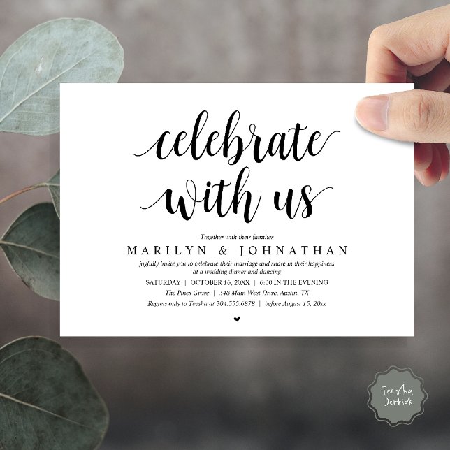 Convites Celebre conosco, Jantar de Casamento Íntimo Modern (Celebrate with us, Modern Wedding Elopement Dinner Lunch Brunch Invitation Card in Black and White)
