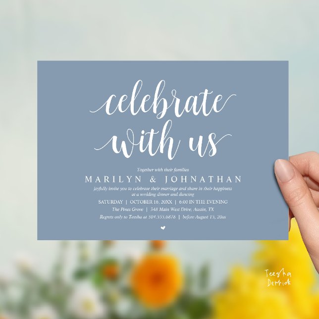 Convites Celebre conosco, Jantar de Casamento Íntimo Modern (Celebrate with us, Modern Wedding Elopement Dinner Lunch Brunch Invitation Card in Dusty Blue)