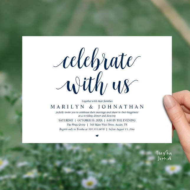 Convites Celebre conosco, Jantar de Casamento Íntimo Modern (Celebrate with us, Modern Wedding Elopement Dinner Lunch Brunch Invitation Card in Navy Blue)