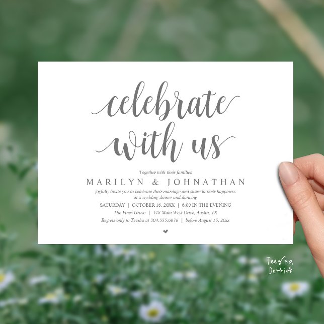 Convites Celebre conosco, Jantar de Casamento Íntimo Modern (Celebrate with us, Modern Wedding Elopement Dinner Lunch Brunch Invitation Card in Dark Grey)