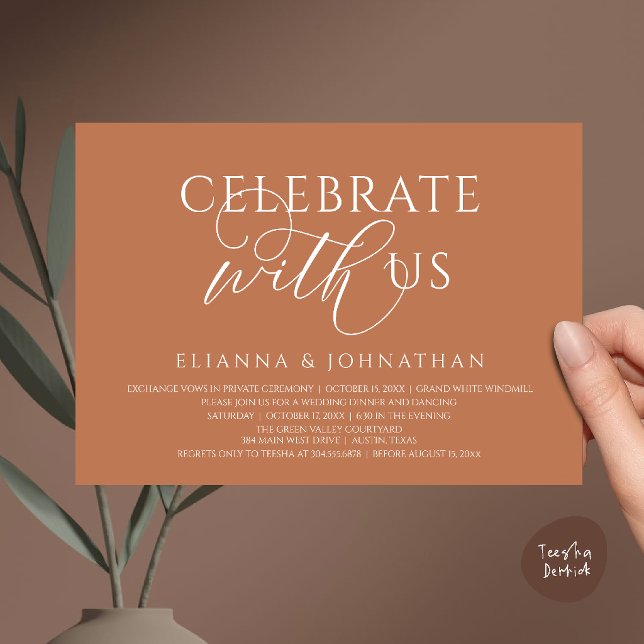 Convites Celebre conosco, Jantar de Casamento Moderno e Ele (Celebrate with us, Modern Elegant Wedding Dinner Lunch Brunch Invitation Card in Terracotta Copper)