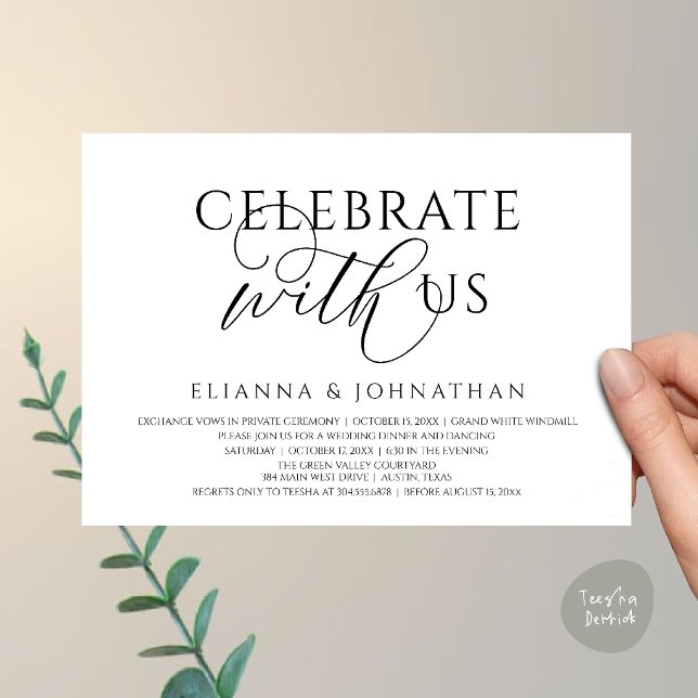 Convites Celebre conosco, Jantar de Casamento Moderno e Ele (Celebrate with us, Modern Elegant Wedding Dinner Lunch Brunch Invitation Card in Black and White)