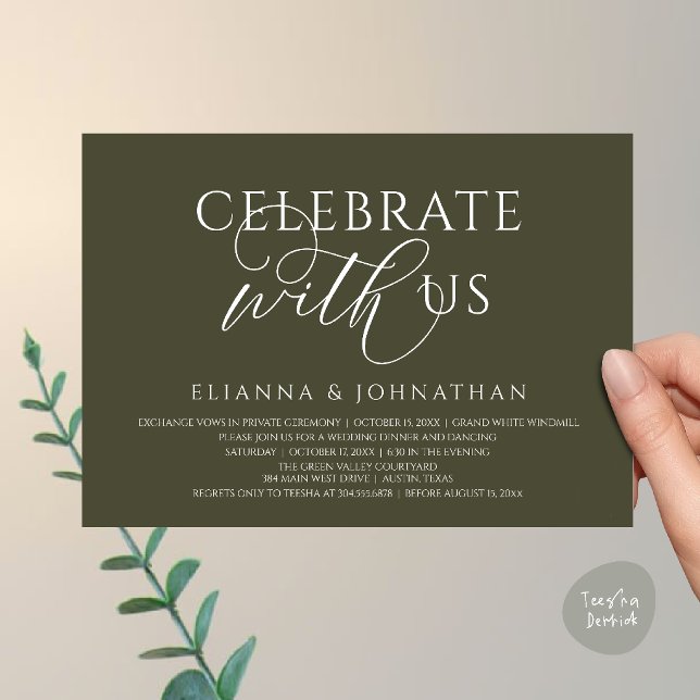 Convites Celebre conosco, Jantar de Casamento Moderno e Ele (Celebrate with us, Modern Elegant Wedding Dinner Lunch Brunch Invitation Card in Olive Green)
