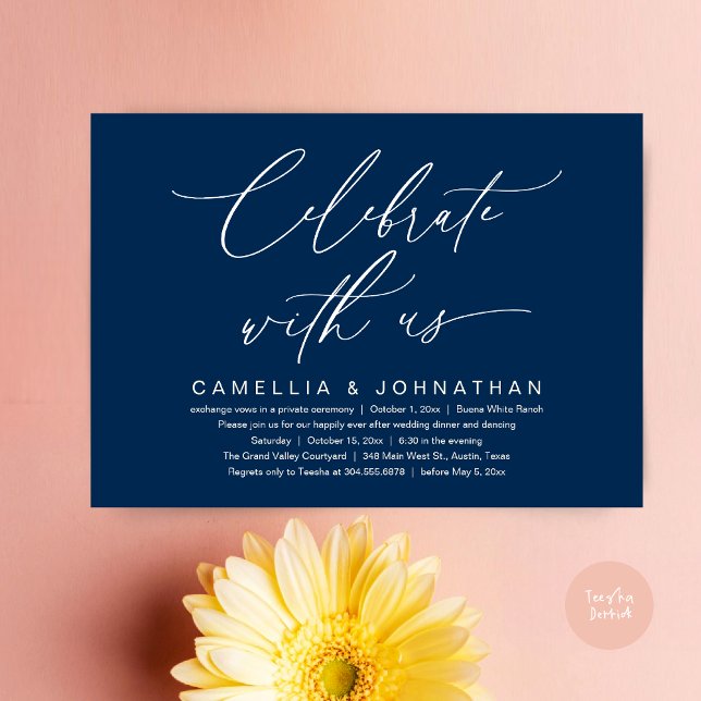 Convites Celebre conosco, Jantar de Casamento Romântico (Romantic Wedding Dinner Party, Celebrate with us Lunch Brunch Modern Invites Card  PDF Navy Blue)