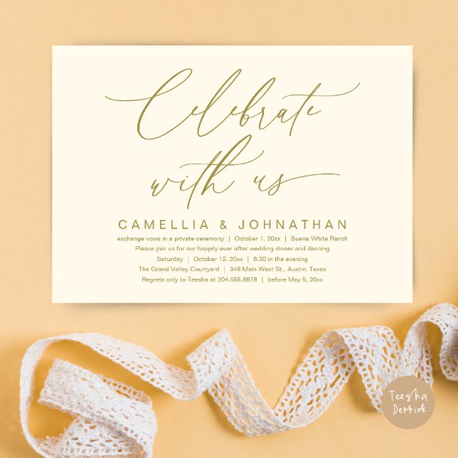 Convites Celebre conosco, Jantar de Casamento Romântico (Romantic Wedding Dinner Party, Celebrate with us Lunch Brunch Modern Invites Card  PDF Yellow Gold)