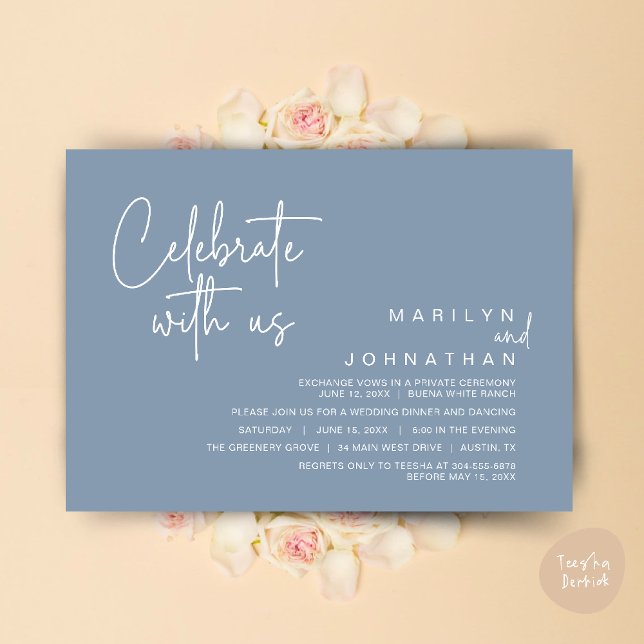 Convites Celebre conosco, Jantar de Elopamento de Casamento (Celebrate with us, Modern Wedding Elopement Dinner Lunch Brunch Party Invites Card PDF Dusty Blue)