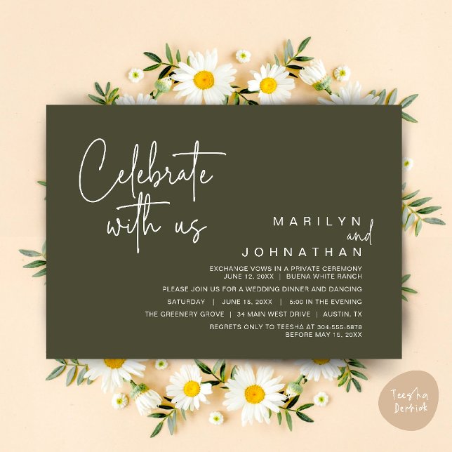Convites Celebre conosco, Jantar de Elopamento de Casamento (Celebrate with us, Modern Wedding Elopement Dinner Lunch Brunch Party Invites Card PDF Olive Green)
