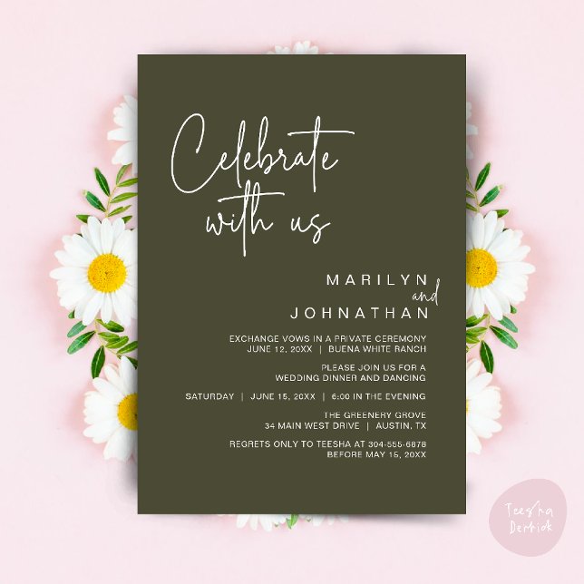 Convites Celebre conosco, Jantar de Elopamento de Casamento (Celebrate with us, Modern Wedding Elopement Dinner Lunch Brunch Party Invites Card PDF Olive Green)