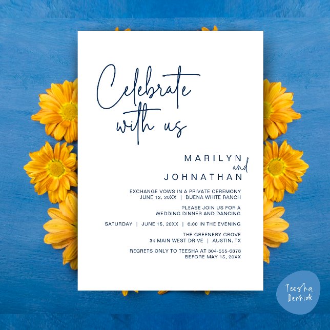 Convites Celebre conosco, Jantar de Elopement de Casamento (Celebrate with us, Modern Wedding Elopement Dinner Lunch Brunch Party Invites Card PDF Navy Blue)