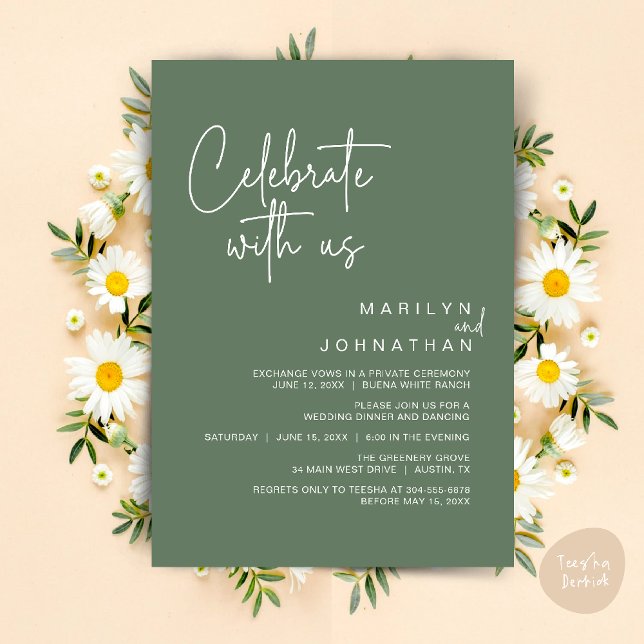 Convites Celebre conosco, Jantar de Elopement de Casamento (Celebrate with us, Modern Wedding Elopement Dinner Lunch Brunch Party Invites Card PDF Sage Green)
