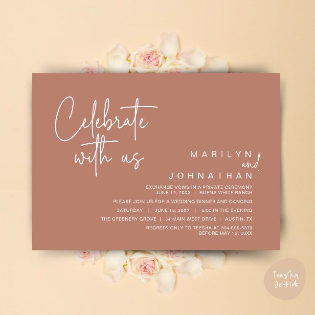 Convites Celebre conosco, Jantar de Elopement de Casamento (Celebrate with us, Modern Wedding Elopement Dinner Lunch Brunch Party Invites Card PDF Earthy Brown)