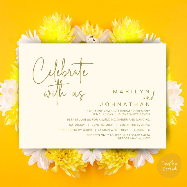 Convites Celebre conosco, Jantar de Elopement de Casamento (Celebrate with us, Modern Wedding Elopement Dinner Lunch Brunch Party Invites Card PDF Yellow Gold)