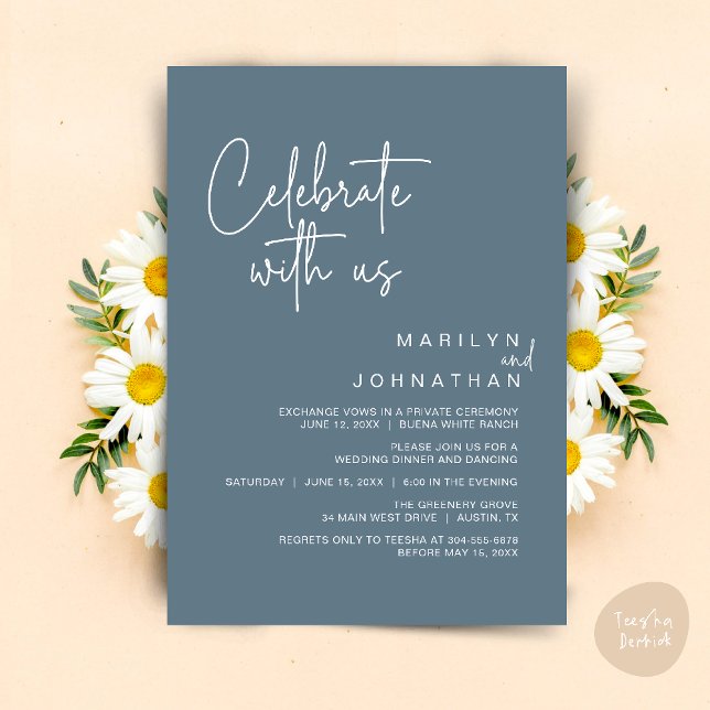 Convites Celebre conosco, Jantar de Elopement de Casamento (Celebrate with us, Modern Wedding Elopement Dinner Lunch Brunch Party Invites Card PDF Dusty Blue)