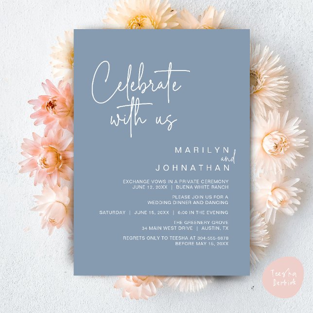 Convites Celebre conosco, Jantar de Elopement de Casamento (Celebrate with us, Modern Wedding Elopement Dinner Lunch Brunch Party Invites Card PDF Dusty Blue)