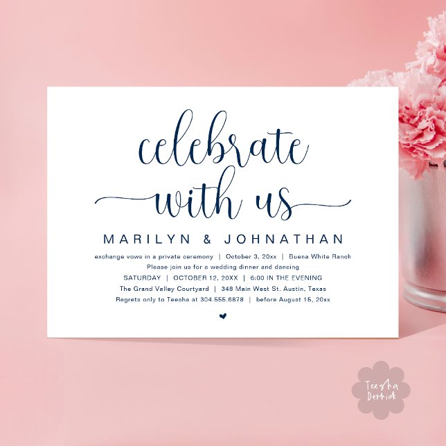 Convites Celebre conosco, Jantar de Elopement de Casamento (Celebrate with us, Wedding Elopement Dinner Party Dancing Invitation Card PDF Navy Blue)