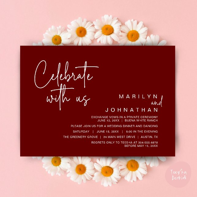 Convites Celebre conosco, Jantar de Festa de Casamento Inti (Celebrate with us, Modern Wedding Elopement Dinner Lunch Brunch Party Invites Card PDF Burgundy Wine)