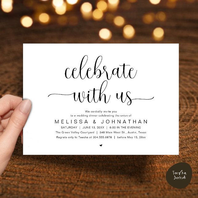 Convites Celebre Conosco Jantar de Noite de Casamento Minim (Celebrate With Us, Modern Minimalist Wedding Reception Dinner Party Invites Card Black and White)