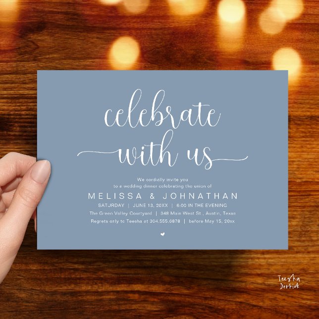 Convites Celebre Conosco Jantar de Noite de Casamento Minim (Celebrate With Us, Modern Minimalist Wedding Reception Dinner Party Invites Card Dusty Blue)