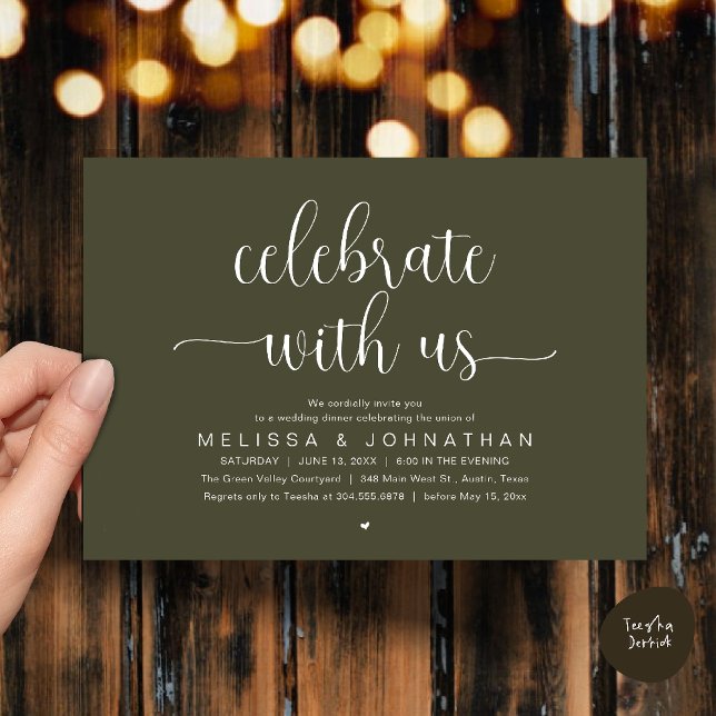 Convites Celebre Conosco Jantar de Noite de Casamento Minim (Celebrate With Us, Modern Minimalist Wedding Reception Dinner Party Invites Card Olive Green)