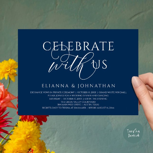 Convites Celebre conosco, Jantar de Noivado Moderno e Elega (Celebrate with us, Modern Elegant Wedding Dinner Lunch Brunch Invitation Card in Navy Blue)
