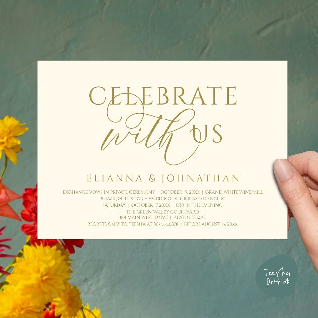 Convites Celebre conosco, Jantar de Noivado Moderno e Elega (Celebrate with us, Modern Elegant Wedding Dinner Lunch Brunch Invitation Card in Yellow Cream Gold)