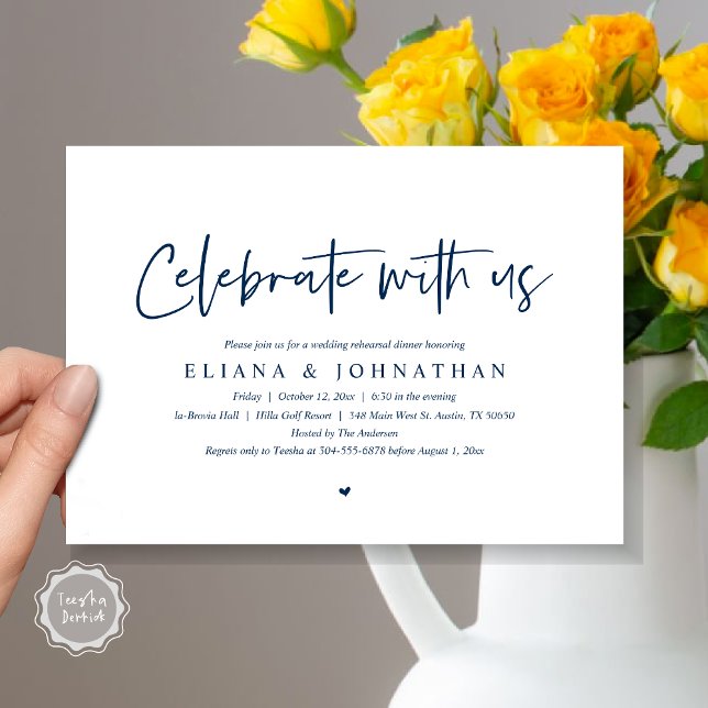 Convites Celebre conosco, Janto de ensaio de casamento Invi (Celebrate with us, Wedding Rehearsal Dinner Invitation Card, PDF, Modern Casual, in Navy Blue)