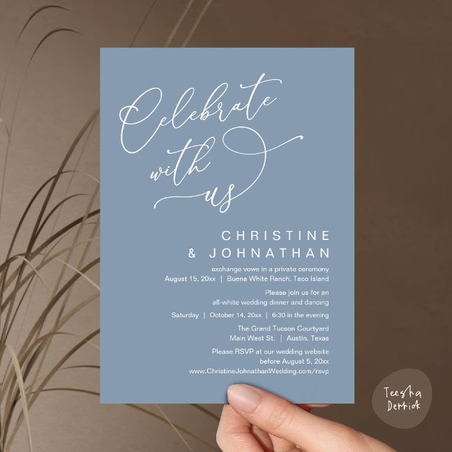 Convites Celebre conosco, Janto Romântico de Casamento Danç (Celebrate With Us, Romantic Wedding Dinner Party Lunch Brunch Invitation Card PDF Dusty Blue)