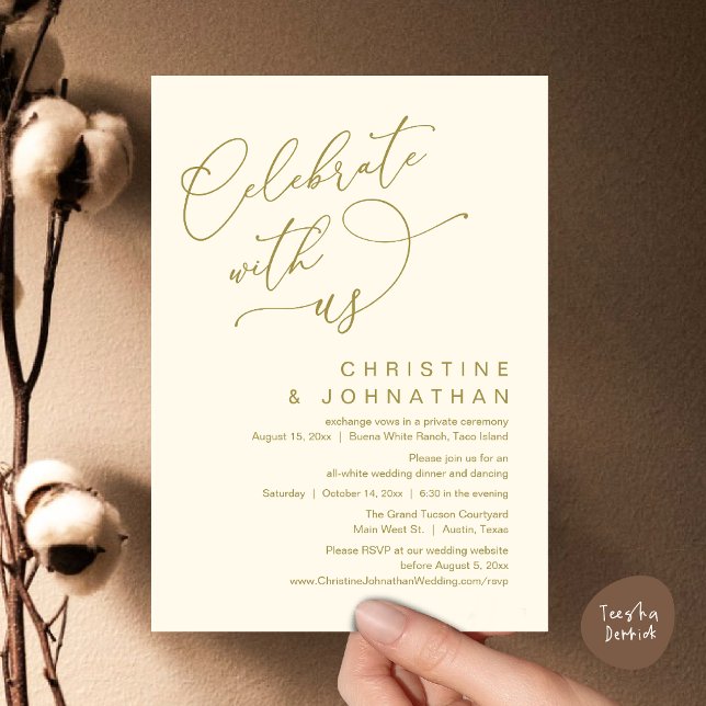 Convites Celebre conosco, Janto Romântico de Casamento Danç (Celebrate With Us, Romantic Wedding Dinner Party Lunch Brunch Invitation Card PDF Yellow Gold)