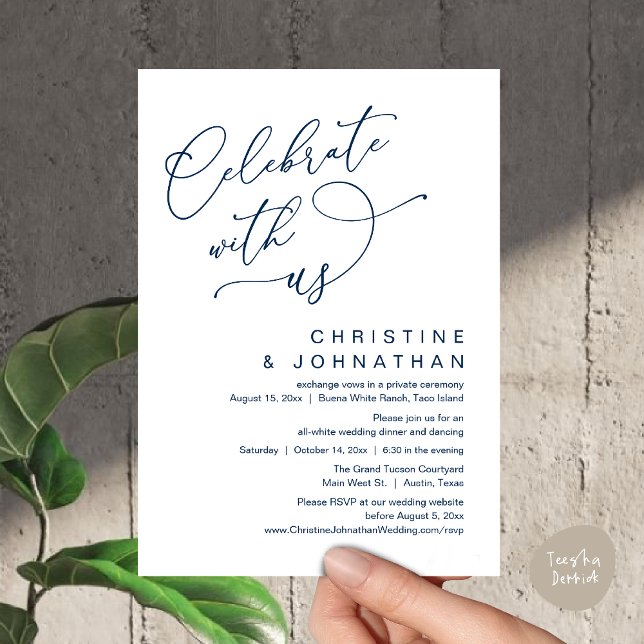 Convites Celebre conosco, Janto Romântico de Casamento Danç (Celebrate With Us, Romantic Wedding Dinner Party Lunch Brunch Invitation Card PDF Classy Navy Blue)