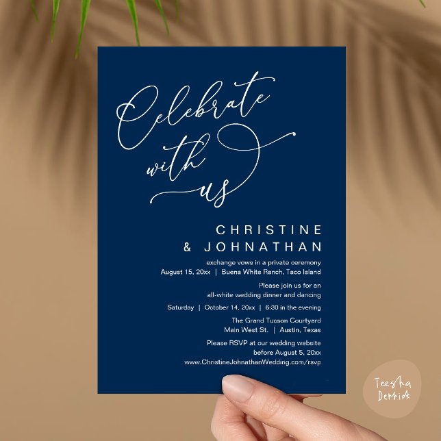 Convites Celebre conosco, Janto Romântico de Casamento Danç (Celebrate With Us, Romantic Wedding Dinner Party Lunch Brunch Invitation Card PDF Classy Navy Blue)