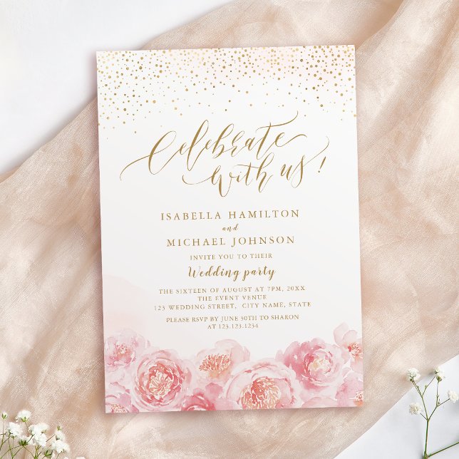 Convites Celebre conosco! ouro caligrafia e borra floral (Celebrate With Us! calligraphy gold & blush floral Invitation)