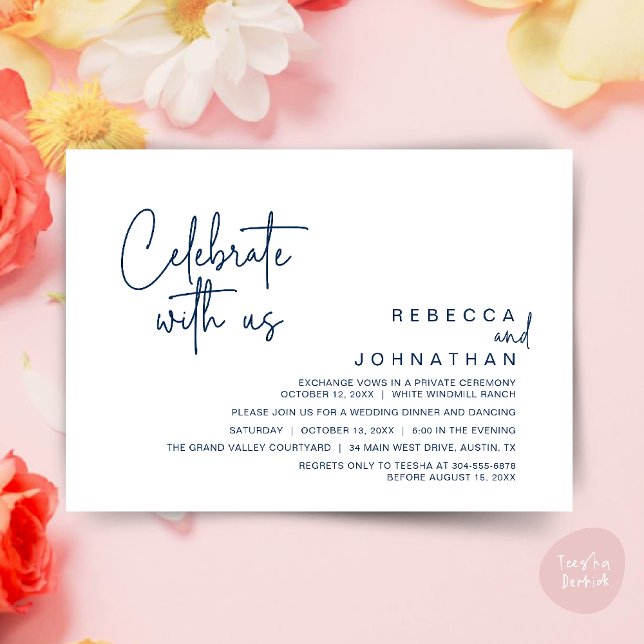 Convites Celebre conosco, Recepção de Casamento Modern Boho (Celebrate with us, Modern Boho Wedding Reception Invitation Card PDF Navy Blue)