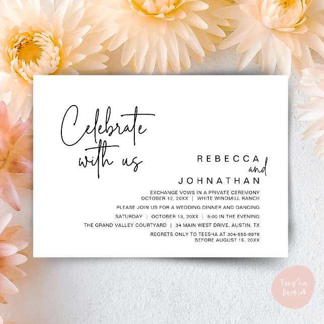 Convites Celebre conosco, Recepção de Casamento Modern Boho (Celebrate with us, Modern Boho Wedding Reception Invitation Card PDF White Black)