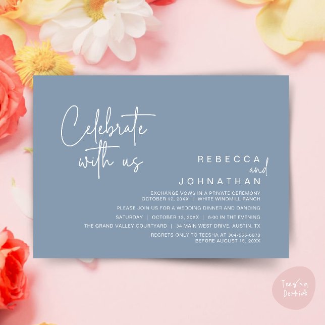 Convites Celebre conosco, Recepção de Casamento Modern Boho (Celebrate with us, Modern Boho Wedding Reception Invitation Card PDF Dusty Blue)