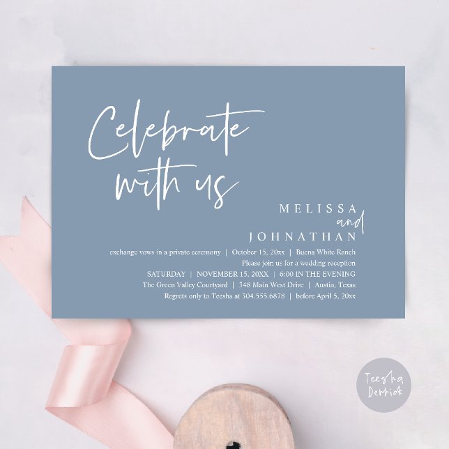 Convites Celebre conosco Recepção de Casamento Moderna (Celebrate with us Modern Casual Wedding Reception Dinner Lunch Brunch Invites Card PDF Dusty Blue)