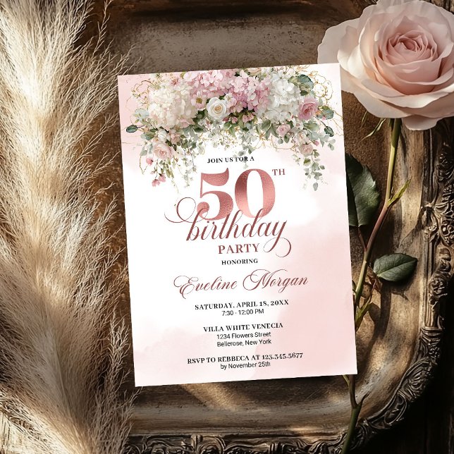 Convites Celebre Rosa Dourado Chic Eucalipto 50º Aniversári (Chic Rose Gold Eucalyptus 50th Birthday Celebration Invitation

)