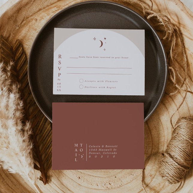 Convites CELESTE Boho Moon & Stars Terracotta RSVP (Criador carregado)