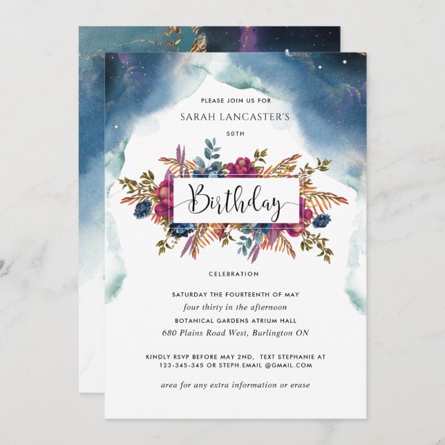 Convites Celestial Aniversário, Jewel Tone Floral (Frente/Verso)